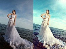 Photoshop调出蓝绿色艺术效果的海边婚纱照片