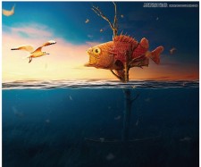 使用Photoshop合成海面上鱼吃鸟的场景教程