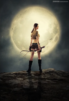 PS合成月亮下拿着弓箭的女战士场景图片设计教程