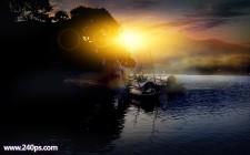 Photoshop美化教程：给河上渔船图片加上漂亮的霞光
