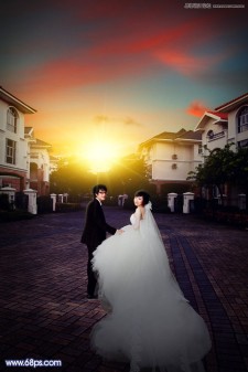 PS婚纱照片处理教程：给外景婚纱照片添加夕阳美景