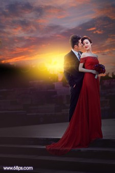 PS婚纱照片处理:给外景婚纱照片添加夕阳美景效果