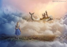 Photoshop合成在在云端骑着鲸鱼飞行的梦幻城堡