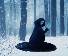 Photoshop合成在冬季森林中施展魔法的巫师图片