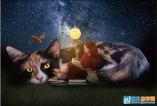 PS合成大猫和阅读的星空女孩