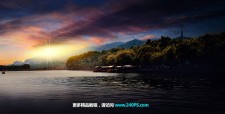 Photoshop给湖边的外景照片添加夕阳美景